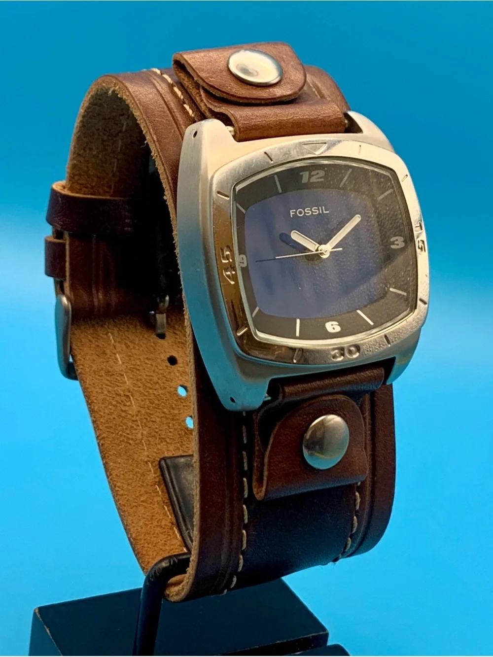 FOSSIL BIG TIC AM-3741 Men’s Vintage Quartz Wristwatch Bund Band Works New Batt